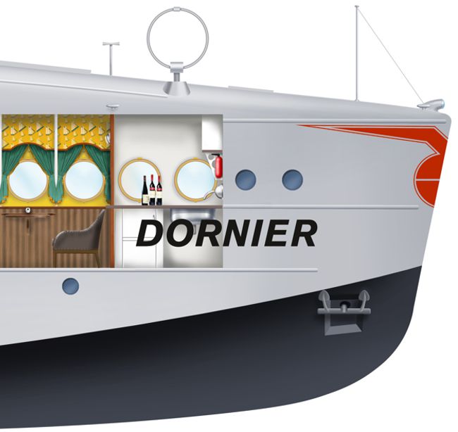 Detail der Schnittgrafik Dornier Do X. Bugsektion mit Bar.
